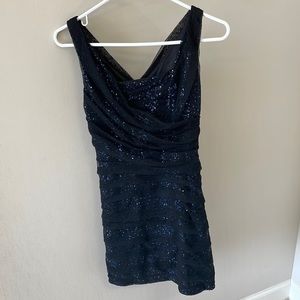 Blue and Silver Sequin Dress with Black Overlay